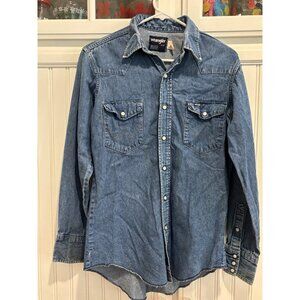 Wrangler Men Western Denim Shirt Sz 15-33 Pearl Snap Ranch Cowboy Rodeo Barn USA